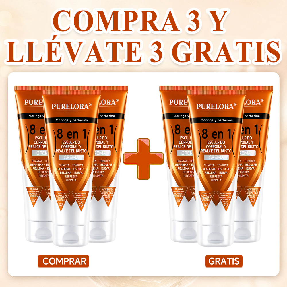Tienda oficial de la marca | Crema PURELORA® de Moringa y Berberina 8 en 1 para esculpir el cuerpo y dar volumen al busto: Suaviza · Reafirma · Tonifica · Esculpe · Refresca · Hidrata · Aporta volumen · Eleva