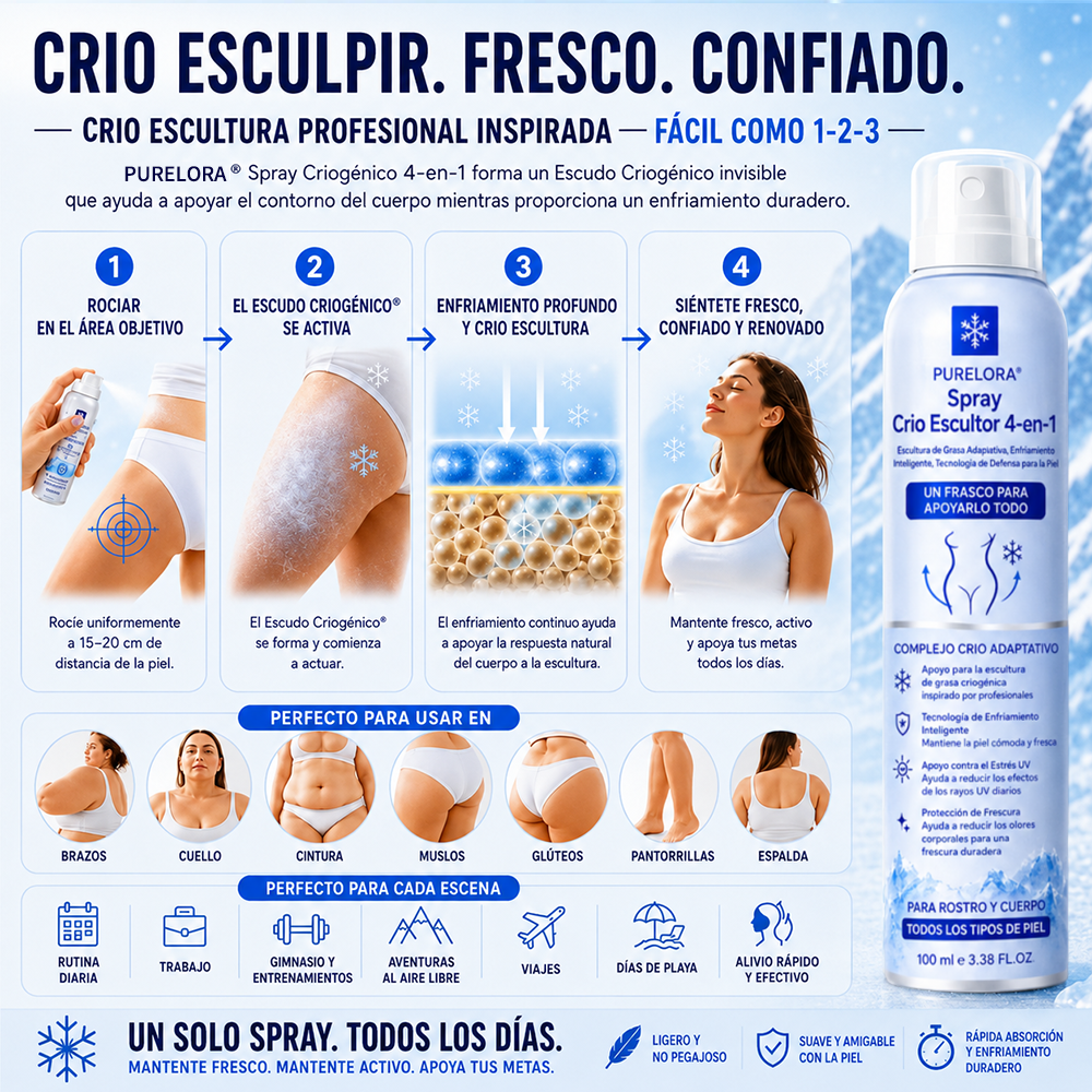 PURELORA® Bruma Cryo Sculpt 4 en 1 Tecnología de modelado de grasa adaptativo, enfriamiento inteligente, defensa de la piel y frescura.