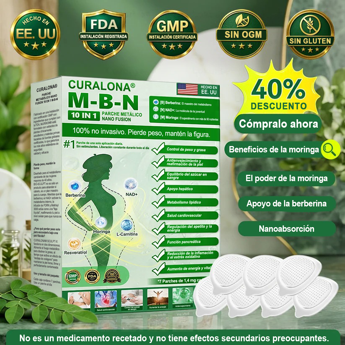 Registrado por la FDA y con certificación GMP ❤️ | Parche metabólico de nanofusión 10 en 1 Curalona® M-B-N | Con respaldo científico | Fórmula 10 en 1 | Resultados en 7 días