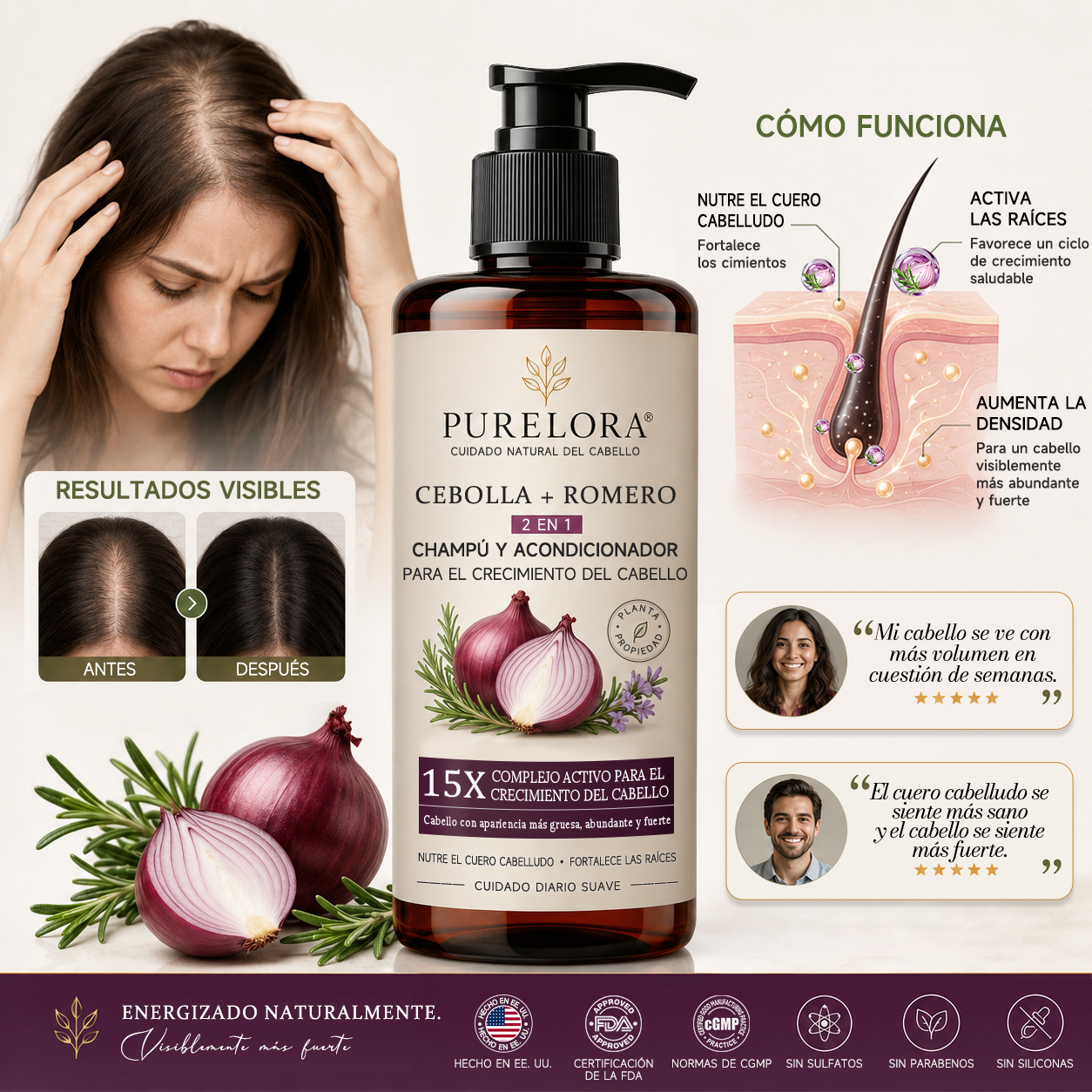 🌿👨‍⚕️ Tienda oficial en EE. UU. 🇺🇸 | 🔥 Champú y acondicionador 2 en 1 PURELORA® de cebolla y romero con complejo activo 15X para el crecimiento capilar: para un cabello con apariencia más gruesa, abundante y fuerte.