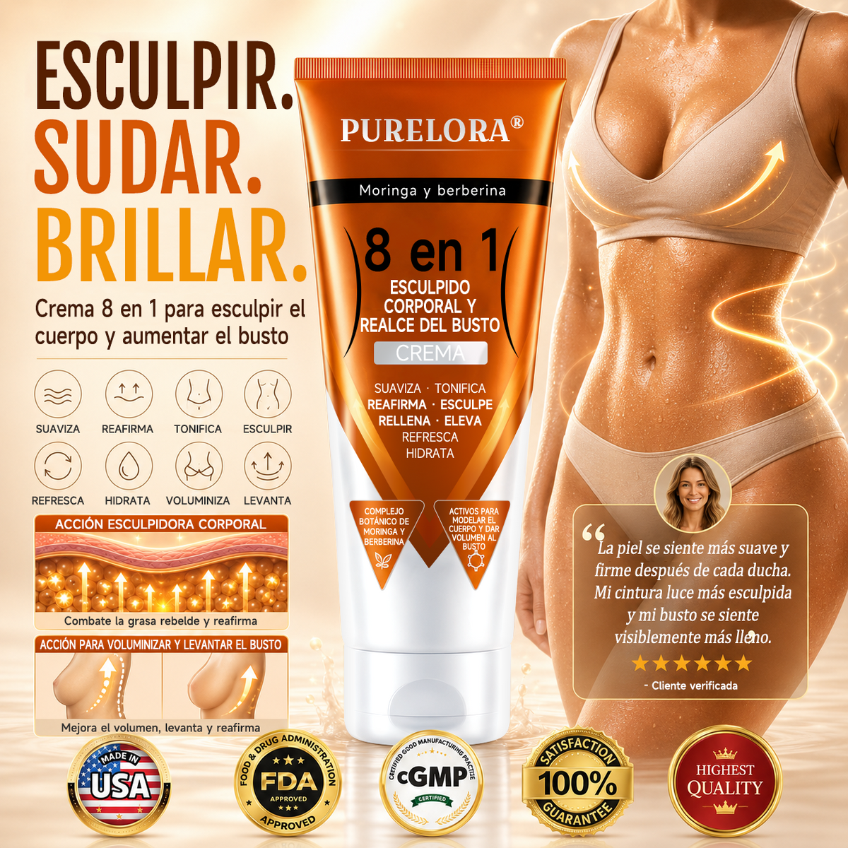 Tienda oficial de la marca | Crema PURELORA® de Moringa y Berberina 8 en 1 para esculpir el cuerpo y dar volumen al busto: Suaviza · Reafirma · Tonifica · Esculpe · Refresca · Hidrata · Aporta volumen · Eleva