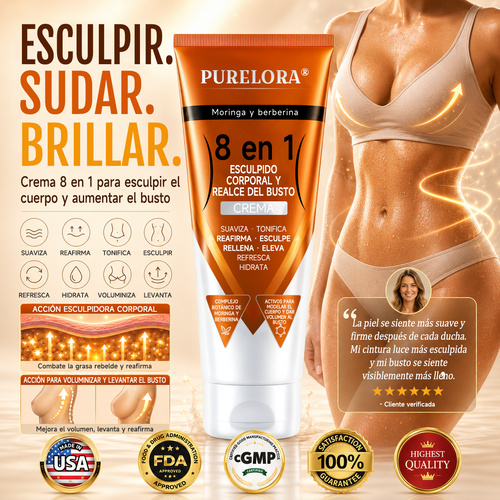 Tienda oficial de la marca | Crema PURELORA® de Moringa y Berberina 8 en 1 para esculpir el cuerpo y dar volumen al busto: Suaviza · Reafirma · Tonifica · Esculpe · Refresca · Hidrata · Aporta volumen · Eleva