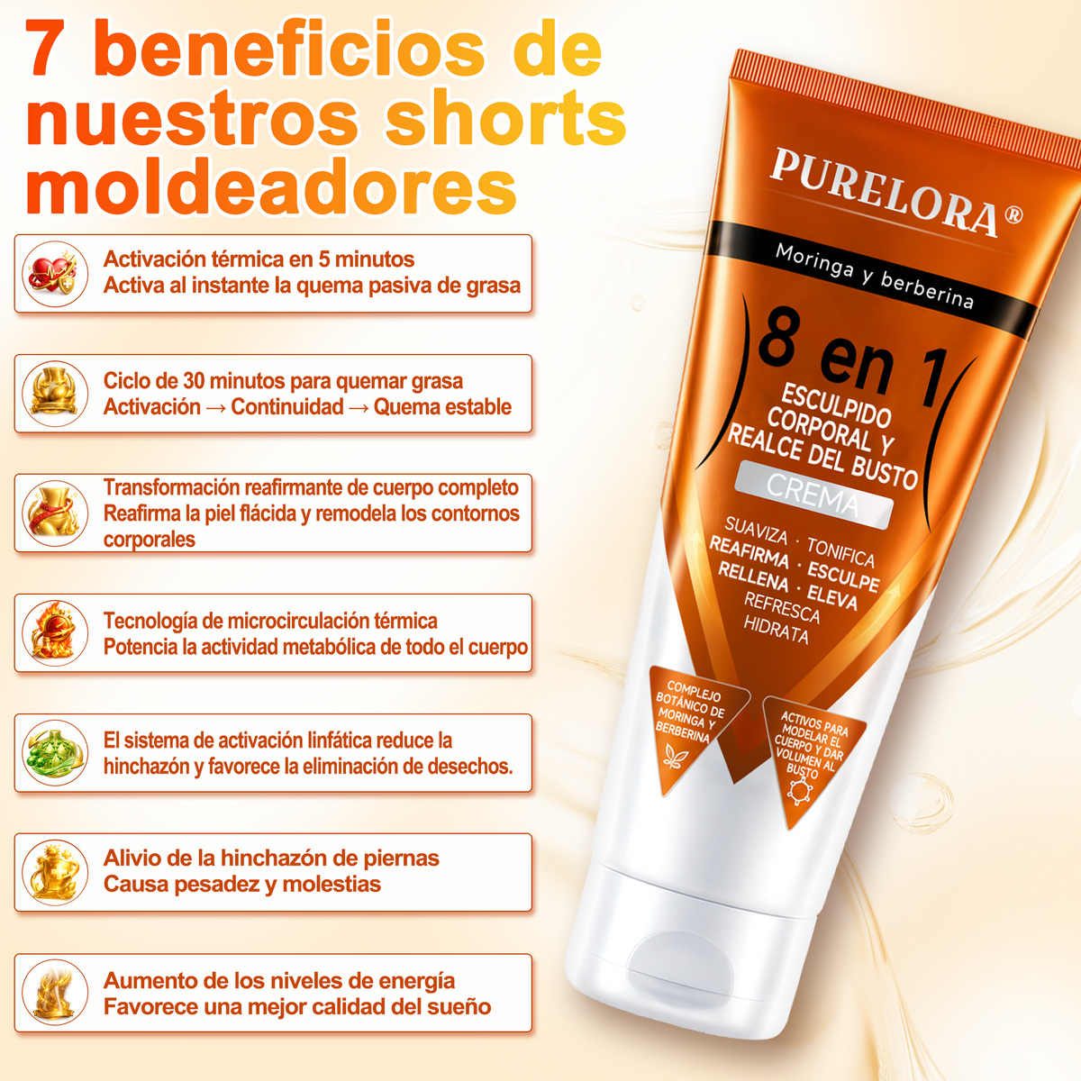 Tienda oficial de la marca | Crema PURELORA® de Moringa y Berberina 8 en 1 para esculpir el cuerpo y dar volumen al busto: Suaviza · Reafirma · Tonifica · Esculpe · Refresca · Hidrata · Aporta volumen · Eleva