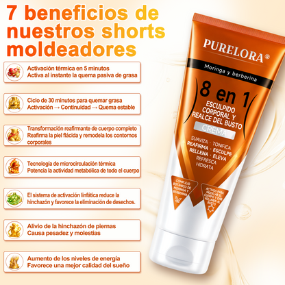Tienda oficial de la marca | Crema PURELORA® de Moringa y Berberina 8 en 1 para esculpir el cuerpo y dar volumen al busto: Suaviza · Reafirma · Tonifica · Esculpe · Refresca · Hidrata · Aporta volumen · Eleva