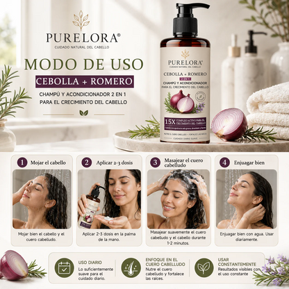 🌿👨‍⚕️ Tienda oficial en EE. UU. 🇺🇸 | 🔥 Champú y acondicionador 2 en 1 PURELORA® de cebolla y romero con complejo activo 15X para el crecimiento capilar: para un cabello con apariencia más gruesa, abundante y fuerte.