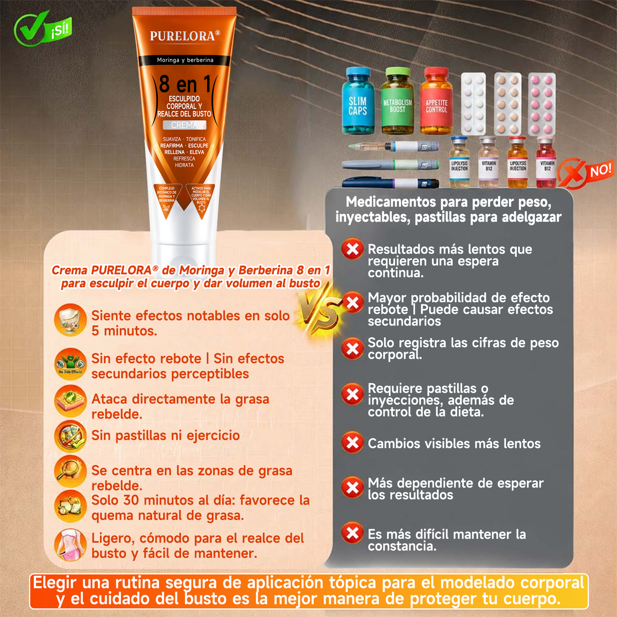 Tienda oficial de la marca | Crema PURELORA® de Moringa y Berberina 8 en 1 para esculpir el cuerpo y dar volumen al busto: Suaviza · Reafirma · Tonifica · Esculpe · Refresca · Hidrata · Aporta volumen · Eleva
