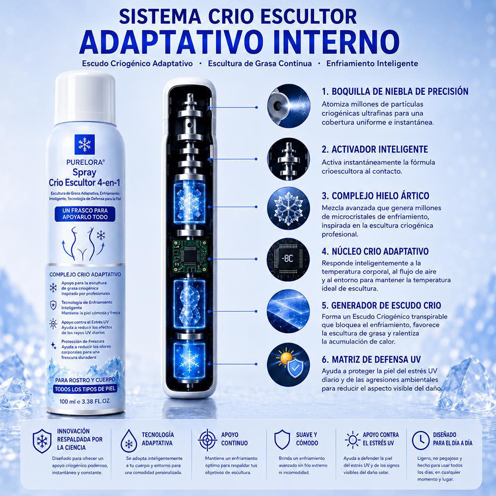 PURELORA® Bruma Cryo Sculpt 4 en 1 Tecnología de modelado de grasa adaptativo, enfriamiento inteligente, defensa de la piel y frescura.