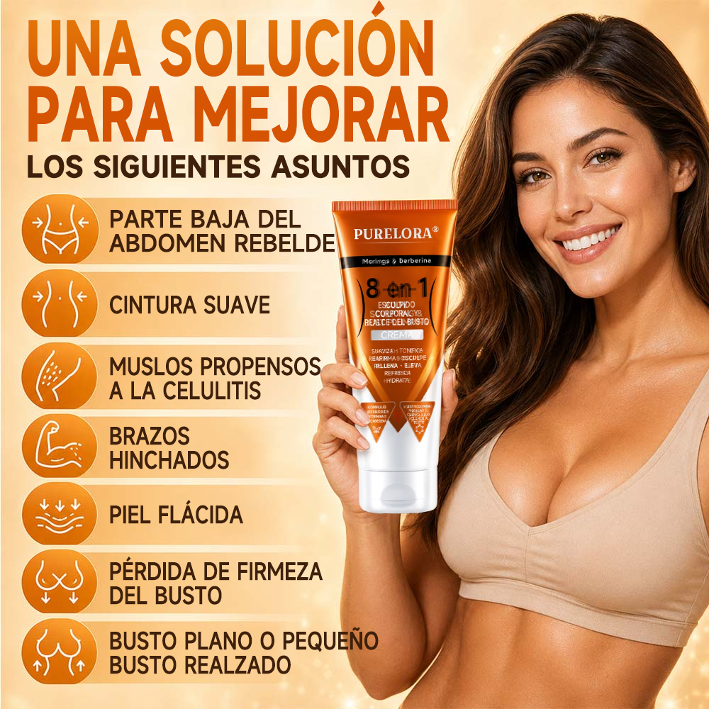 Tienda oficial de la marca | Crema PURELORA® de Moringa y Berberina 8 en 1 para esculpir el cuerpo y dar volumen al busto: Suaviza · Reafirma · Tonifica · Esculpe · Refresca · Hidrata · Aporta volumen · Eleva