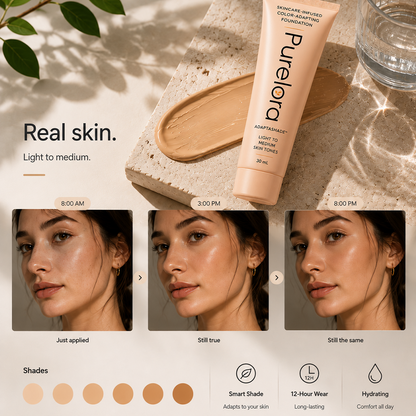 💖【Tienda Oficial】PURELORA® AdaptaShade Foundation — Base de maquillaje con cuidado de la piel que se adapta al tono