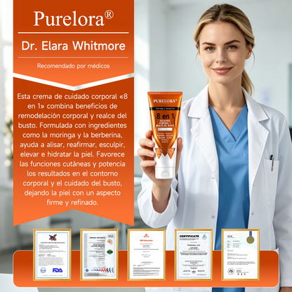 Tienda oficial de la marca | Crema PURELORA® de Moringa y Berberina 8 en 1 para esculpir el cuerpo y dar volumen al busto: Suaviza · Reafirma · Tonifica · Esculpe · Refresca · Hidrata · Aporta volumen · Eleva