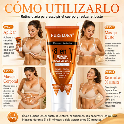 Tienda oficial de la marca | Crema PURELORA® de Moringa y Berberina 8 en 1 para esculpir el cuerpo y dar volumen al busto: Suaviza · Reafirma · Tonifica · Esculpe · Refresca · Hidrata · Aporta volumen · Eleva
