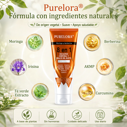 Tienda oficial de la marca | Crema PURELORA® de Moringa y Berberina 8 en 1 para esculpir el cuerpo y dar volumen al busto: Suaviza · Reafirma · Tonifica · Esculpe · Refresca · Hidrata · Aporta volumen · Eleva