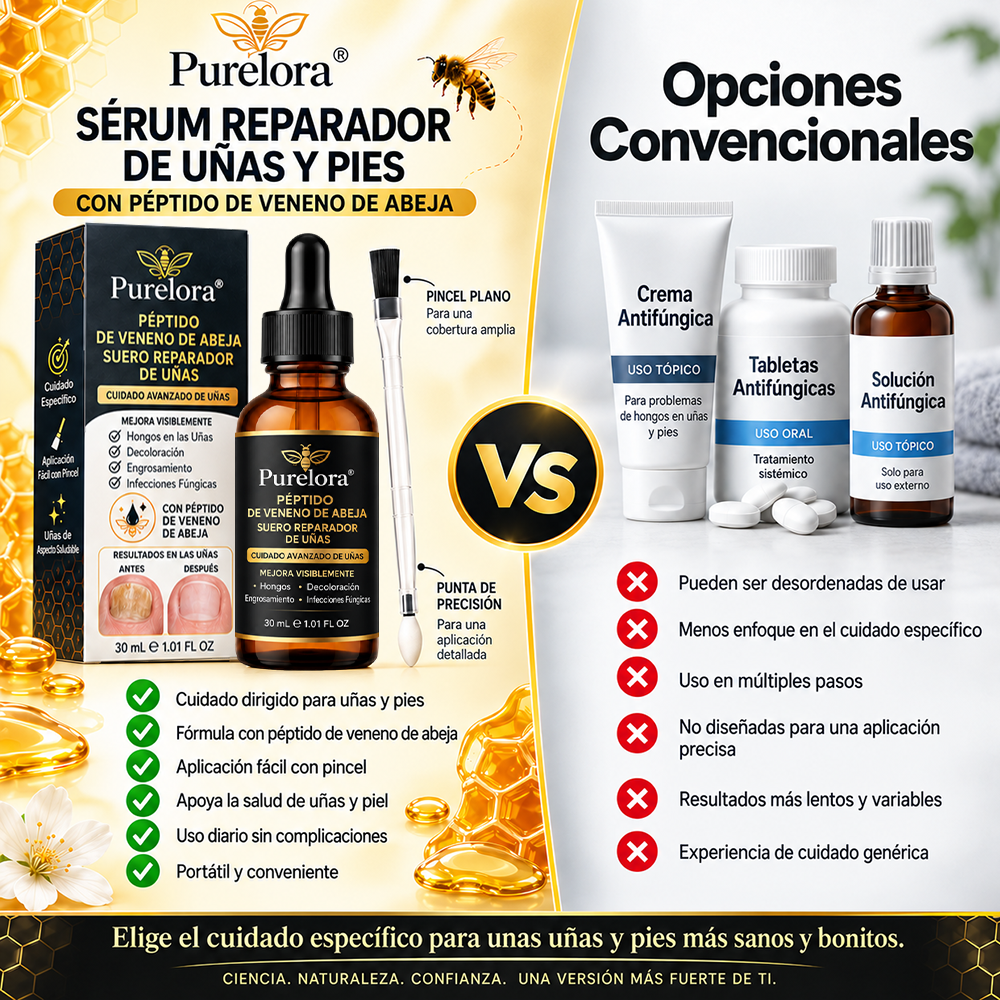 Sérum reparador de uñas y pies Purelora® con péptidos de veneno de abeja, para el cuidado de hongos en las uñas, uñas amarillentas, uñas engrosadas y apoyo en la recuperación del pie de atleta.