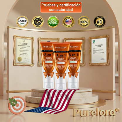 Tienda oficial de la marca | Crema PURELORA® de Moringa y Berberina 8 en 1 para esculpir el cuerpo y dar volumen al busto: Suaviza · Reafirma · Tonifica · Esculpe · Refresca · Hidrata · Aporta volumen · Eleva