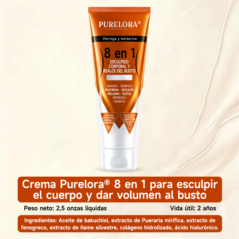 Tienda oficial de la marca | Crema PURELORA® de Moringa y Berberina 8 en 1 para esculpir el cuerpo y dar volumen al busto: Suaviza · Reafirma · Tonifica · Esculpe · Refresca · Hidrata · Aporta volumen · Eleva