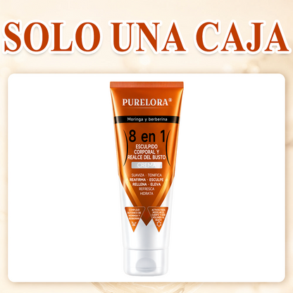 Tienda oficial de la marca | Crema PURELORA® de Moringa y Berberina 8 en 1 para esculpir el cuerpo y dar volumen al busto: Suaviza · Reafirma · Tonifica · Esculpe · Refresca · Hidrata · Aporta volumen · Eleva