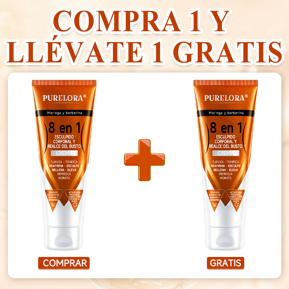 Tienda oficial de la marca | Crema PURELORA® de Moringa y Berberina 8 en 1 para esculpir el cuerpo y dar volumen al busto: Suaviza · Reafirma · Tonifica · Esculpe · Refresca · Hidrata · Aporta volumen · Eleva