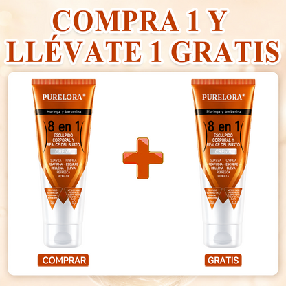 Tienda oficial de la marca | Crema PURELORA® de Moringa y Berberina 8 en 1 para esculpir el cuerpo y dar volumen al busto: Suaviza · Reafirma · Tonifica · Esculpe · Refresca · Hidrata · Aporta volumen · Eleva