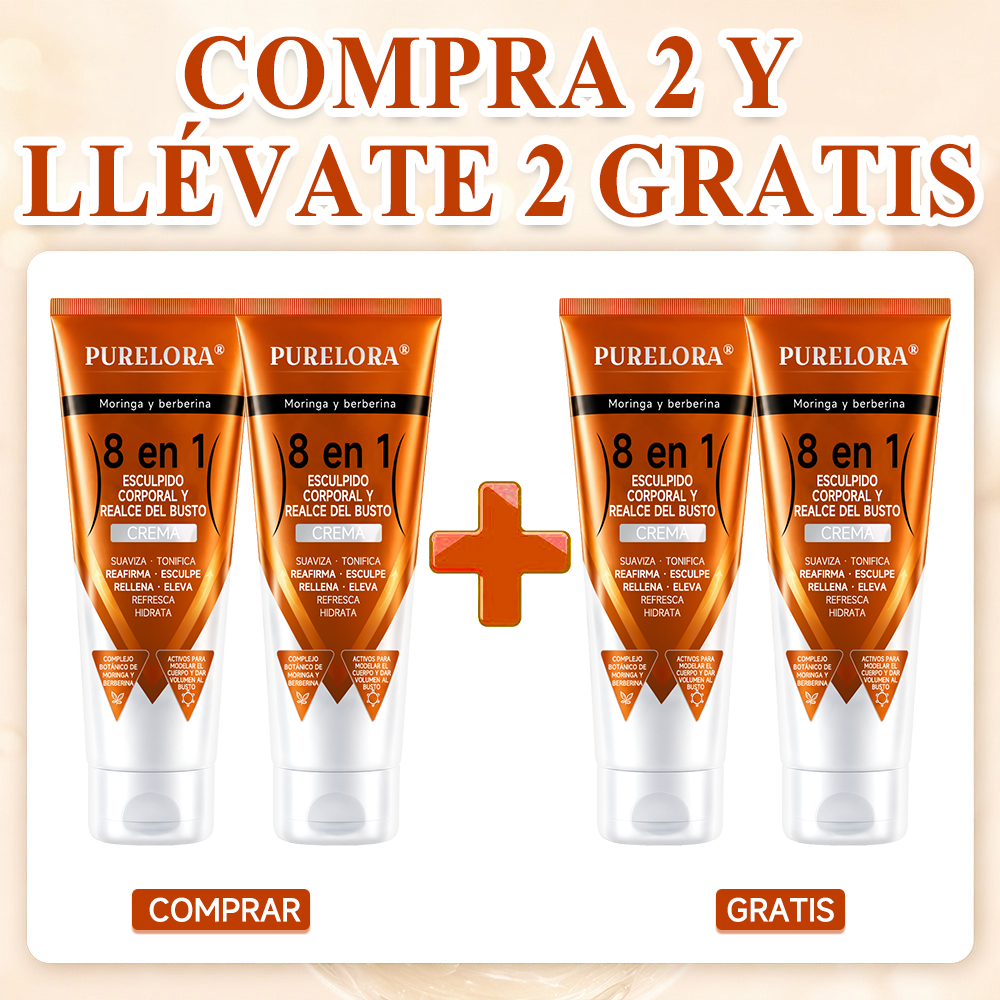Tienda oficial de la marca | Crema PURELORA® de Moringa y Berberina 8 en 1 para esculpir el cuerpo y dar volumen al busto: Suaviza · Reafirma · Tonifica · Esculpe · Refresca · Hidrata · Aporta volumen · Eleva