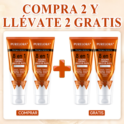Tienda oficial de la marca | Crema PURELORA® de Moringa y Berberina 8 en 1 para esculpir el cuerpo y dar volumen al busto: Suaviza · Reafirma · Tonifica · Esculpe · Refresca · Hidrata · Aporta volumen · Eleva