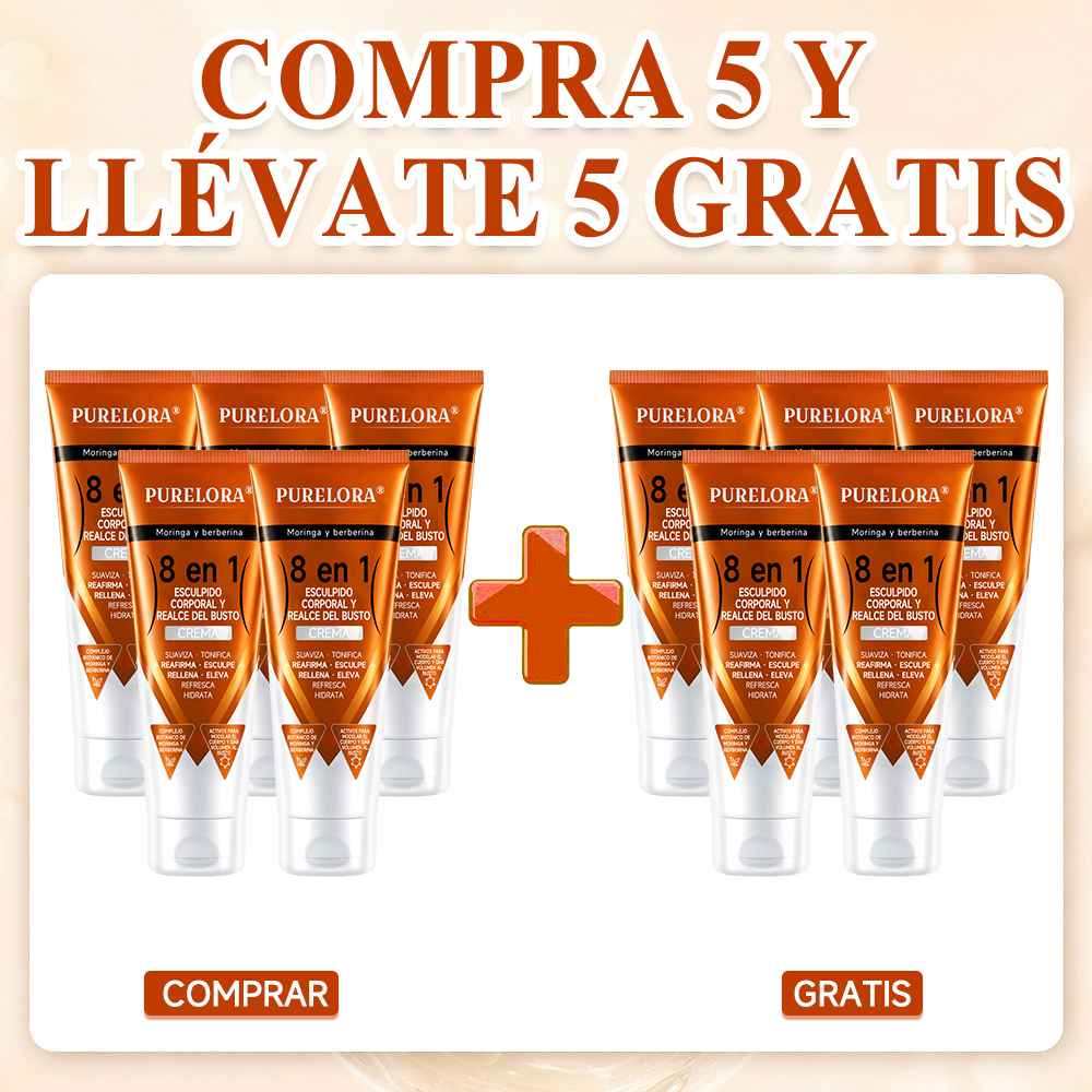 Tienda oficial de la marca | Crema PURELORA® de Moringa y Berberina 8 en 1 para esculpir el cuerpo y dar volumen al busto: Suaviza · Reafirma · Tonifica · Esculpe · Refresca · Hidrata · Aporta volumen · Eleva