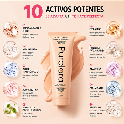 💖【Tienda Oficial】PURELORA® AdaptaShade Foundation — Base de maquillaje con cuidado de la piel que se adapta al tono